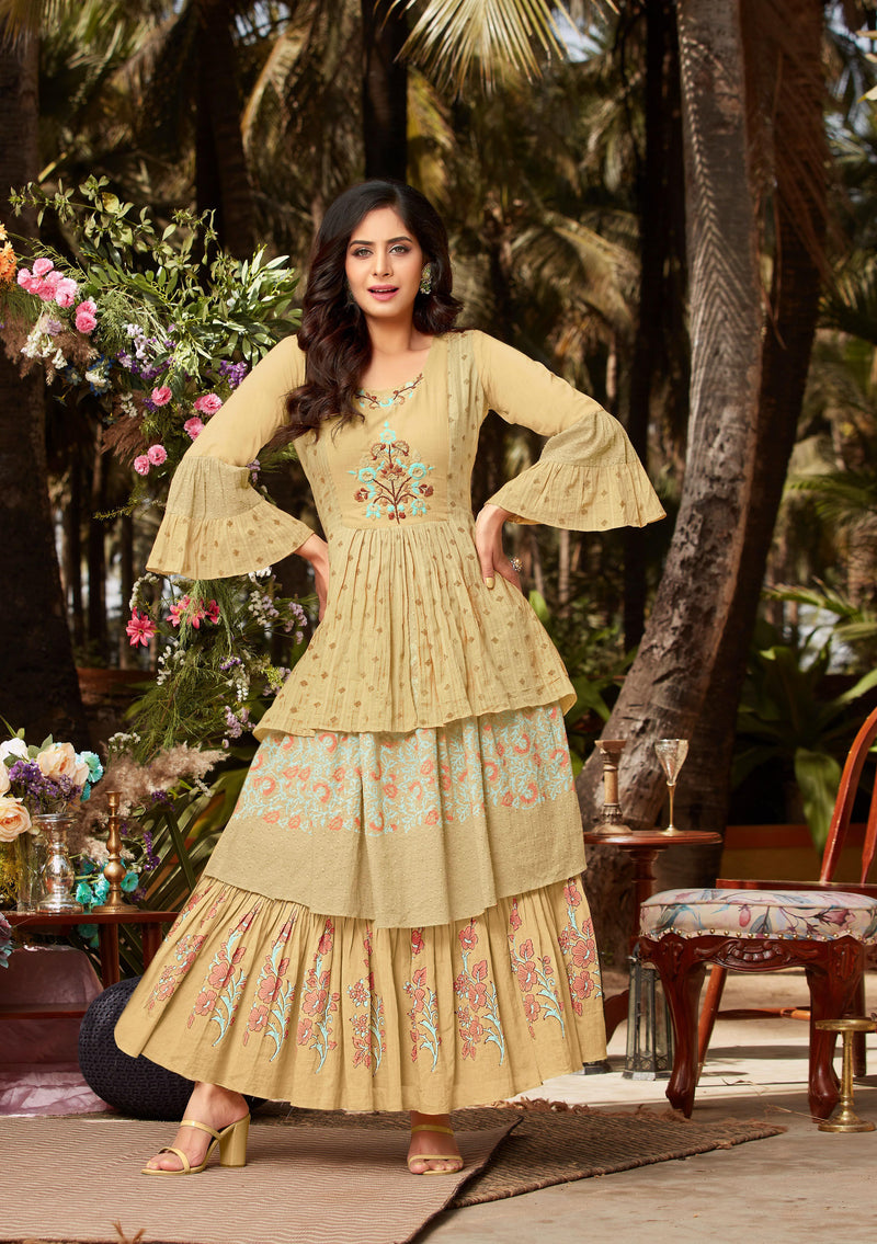 Anju Fabrics Lime Light Mal Cotton Fancy Stylish Long Gown Type Party Wear Kurtis