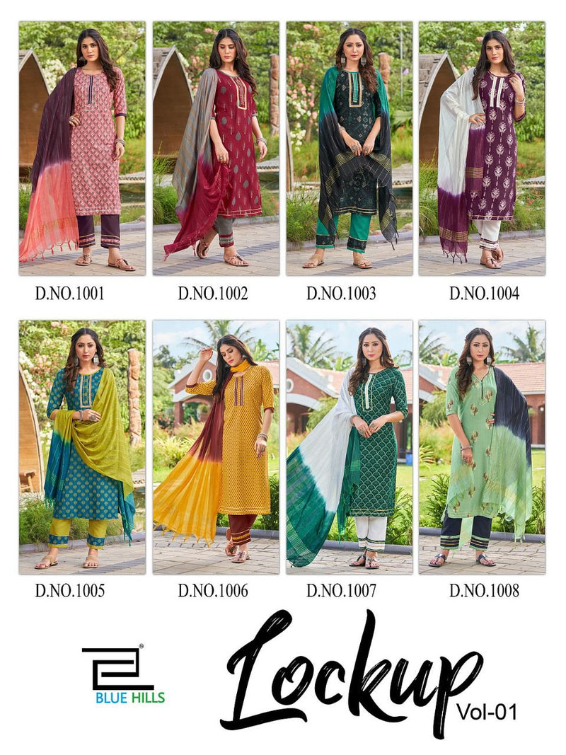 Blue Hills Lockup Vol 1 Rayon Foil Printed Fancy Party Wear Kurtis With Bottom & Dupatta