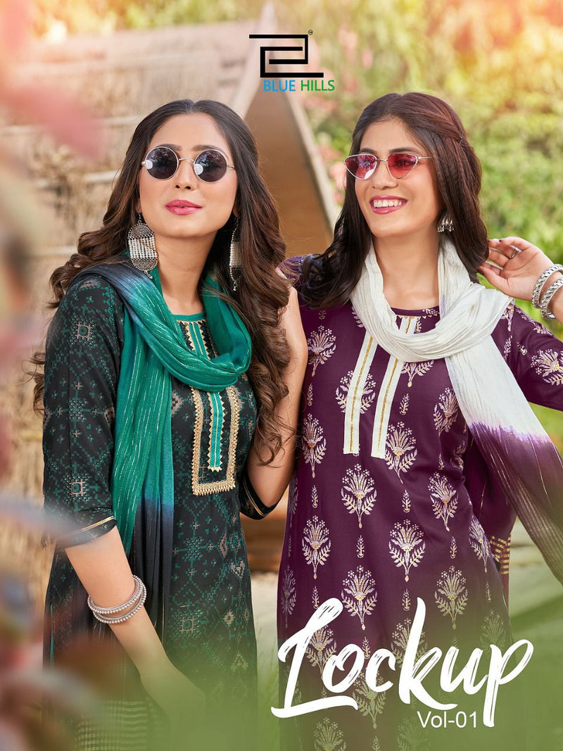 Blue Hills Lockup Vol 1 Rayon Foil Printed Fancy Party Wear Kurtis With Bottom & Dupatta