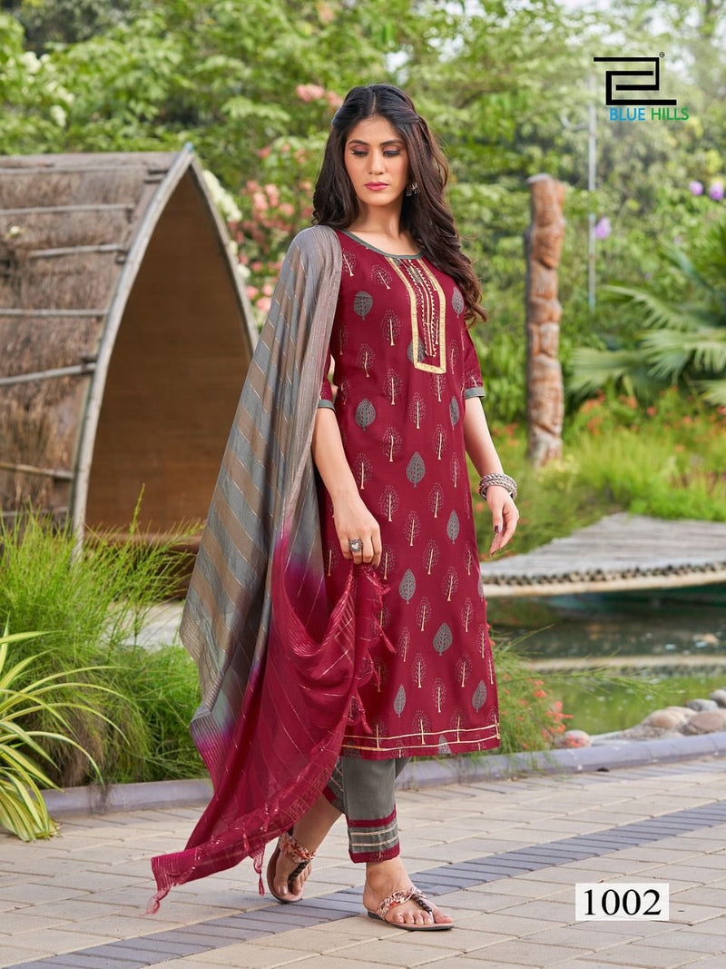 Blue Hills Lockup Vol 1 Rayon Foil Printed Fancy Party Wear Kurtis With Bottom & Dupatta