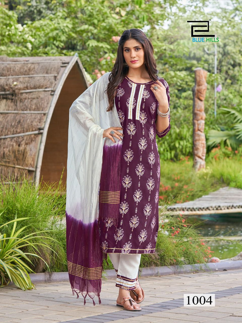 Blue Hills Lockup Vol 1 Rayon Foil Printed Fancy Party Wear Kurtis With Bottom & Dupatta