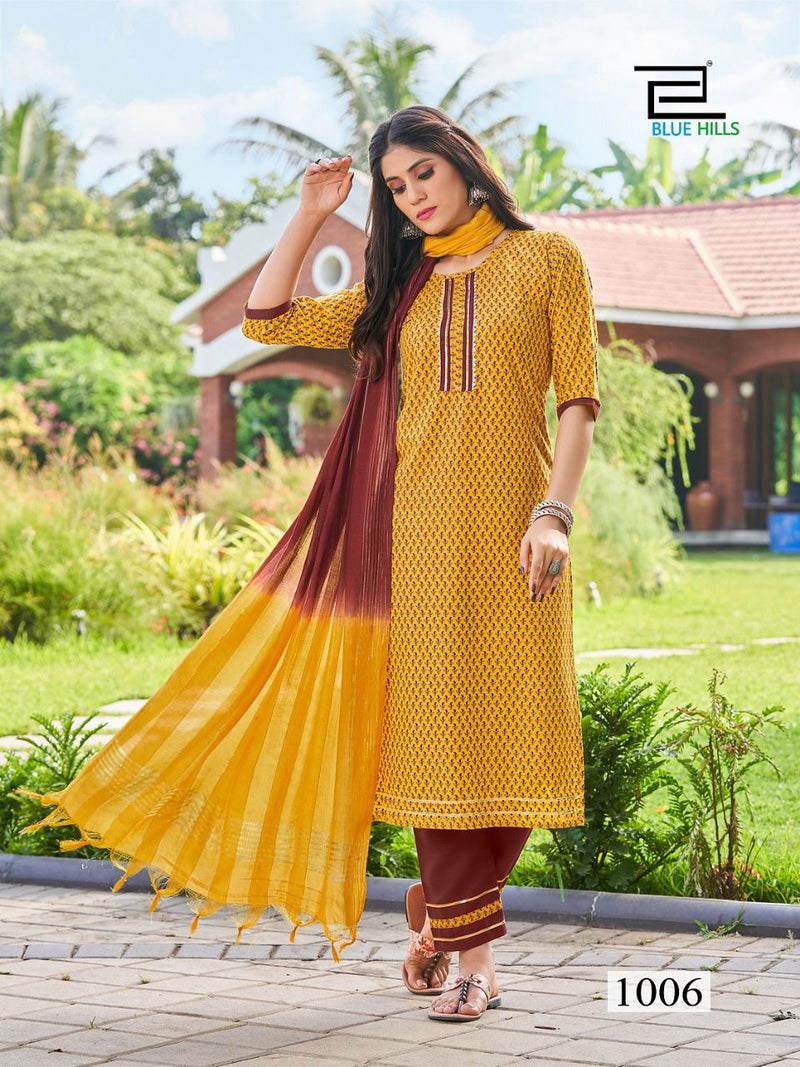 Blue Hills Lockup Vol 1 Rayon Foil Printed Fancy Party Wear Kurtis With Bottom & Dupatta
