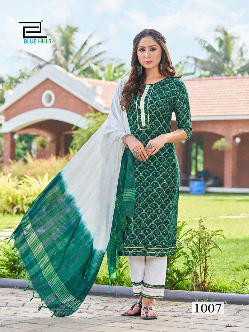 Blue Hills Lockup Vol 1 Rayon Foil Printed Fancy Party Wear Kurtis With Bottom & Dupatta