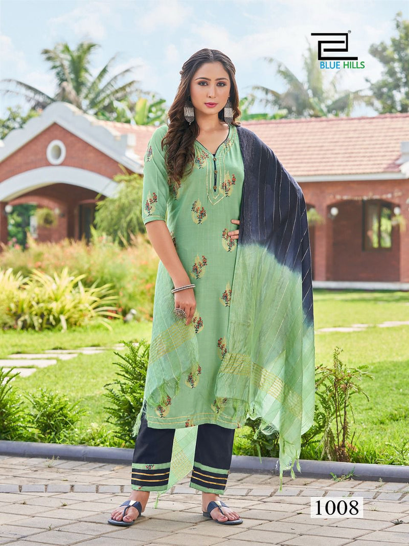 Blue Hills Lockup Vol 1 Rayon Foil Printed Fancy Party Wear Kurtis With Bottom & Dupatta
