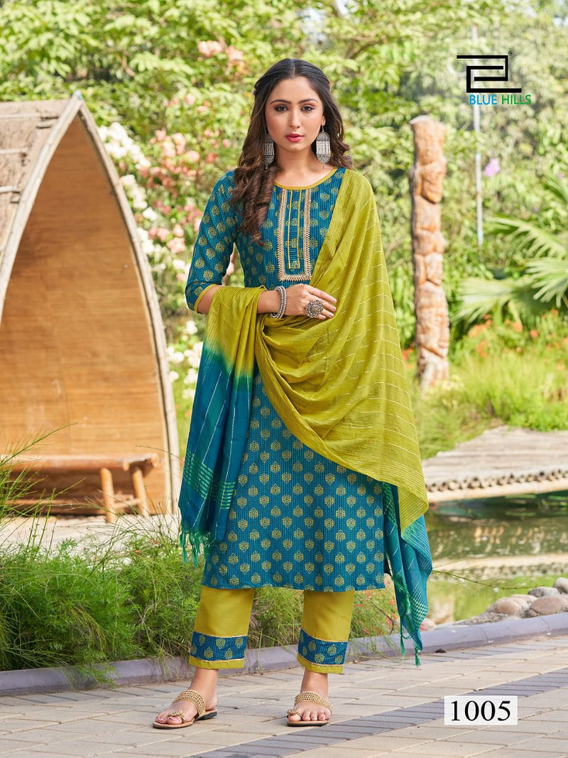 Blue Hills Lockup Vol 1 Rayon Foil Printed Fancy Party Wear Kurtis With Bottom & Dupatta