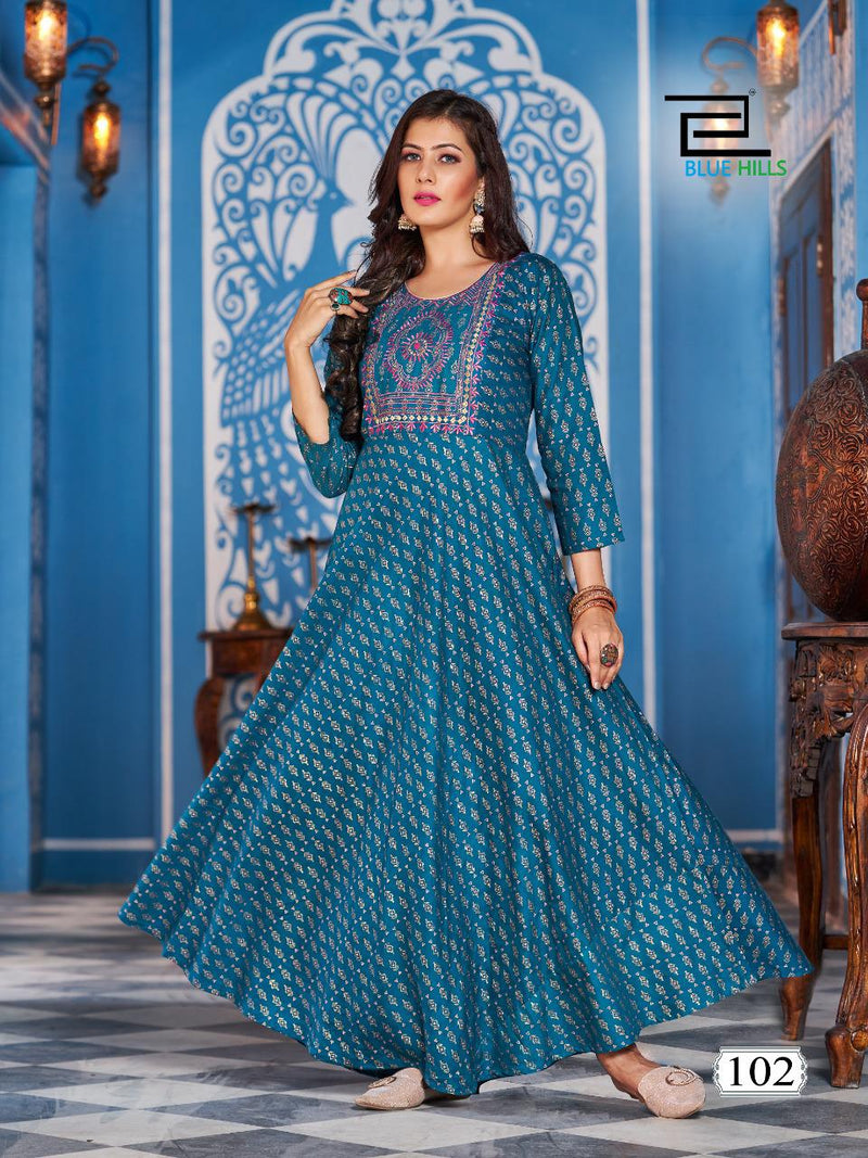 Blue Hills Lotus Rayon With Fancy Work Stylish Designer Festive Wear Long Gown