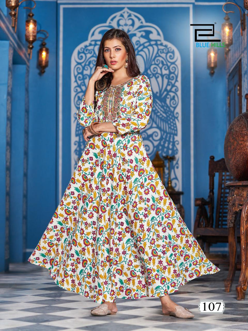 Blue Hills Lotus Rayon With Fancy Work Stylish Designer Festive Wear Long Gown