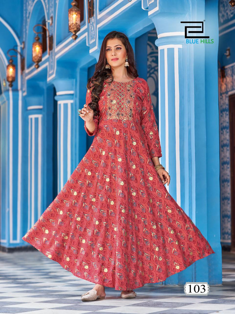 Blue Hills Lotus Rayon With Fancy Work Stylish Designer Festive Wear Long Gown