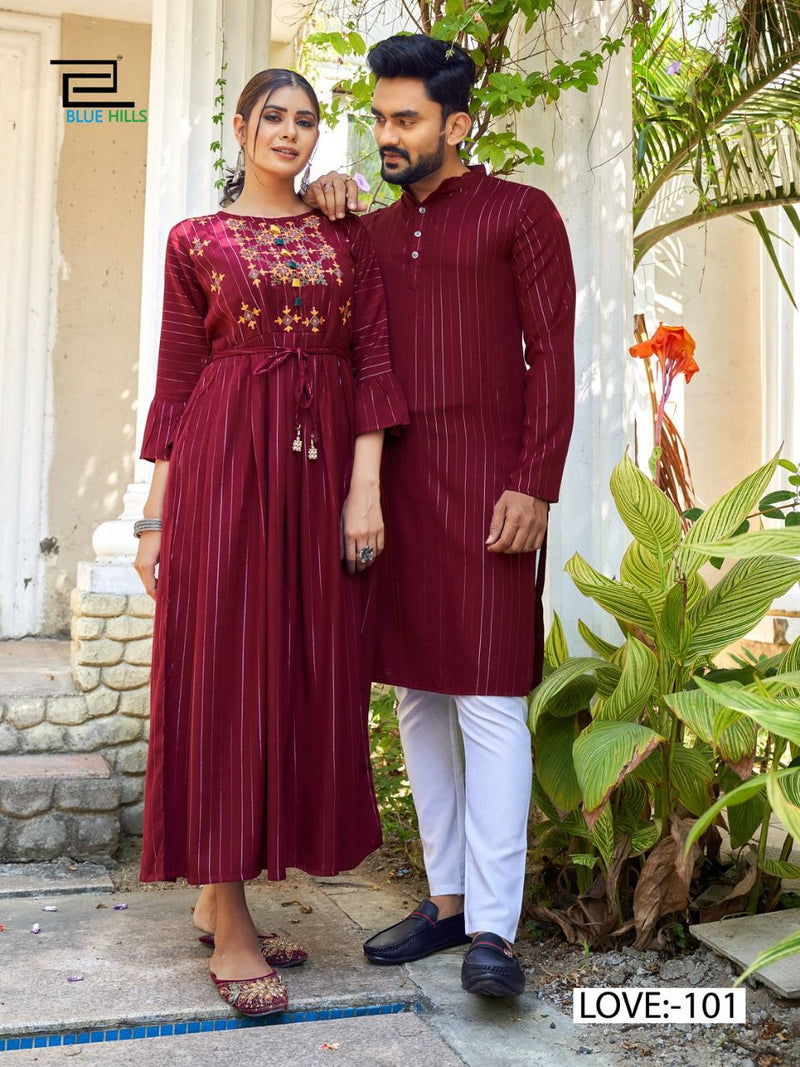 Blue Hills Love Aaj Kal Rayon Lurex Fancy Stylish Festive Wear Couple Combo Set