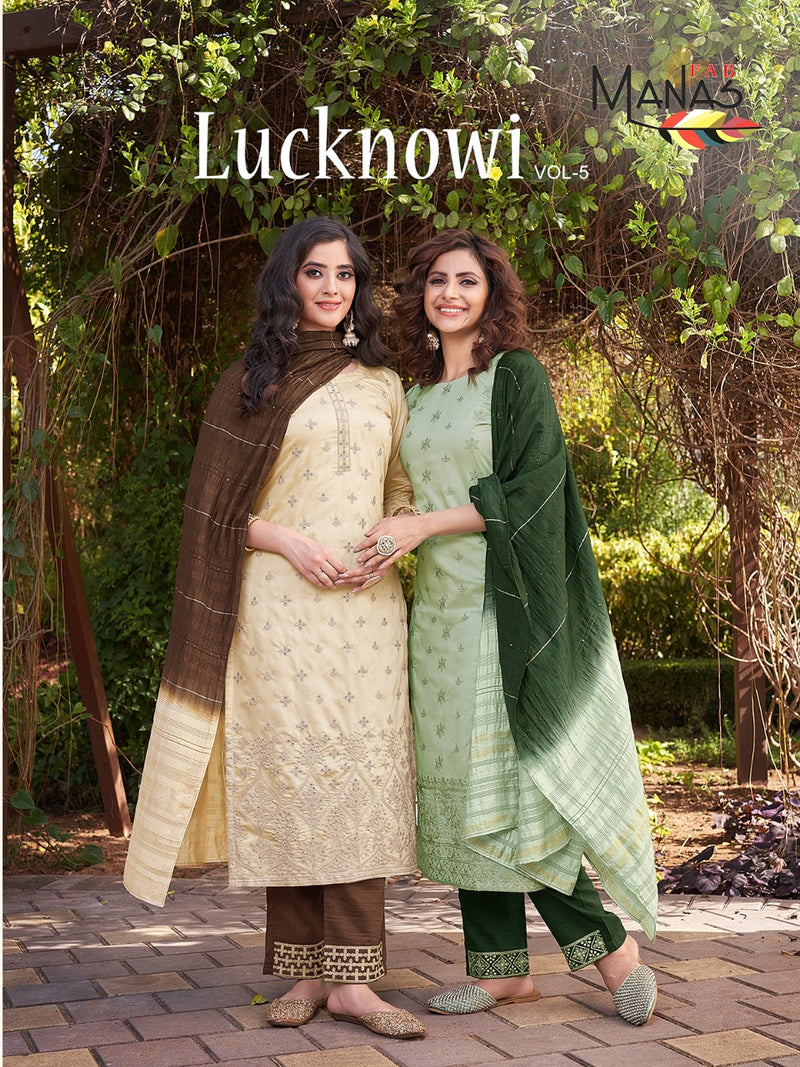 Manas Fab Lucknowi Vol 5 Fancy Designer Party Wear Kurtis With Bottom & Dupatta