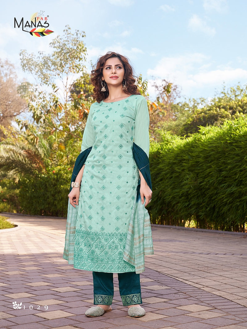 Manas Fab Lucknowi Vol 5 Fancy Designer Party Wear Kurtis With Bottom & Dupatta