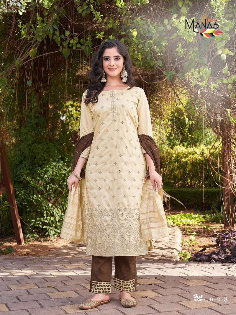 Manas Fab Lucknowi Vol 5 Fancy Designer Party Wear Kurtis With Bottom & Dupatta