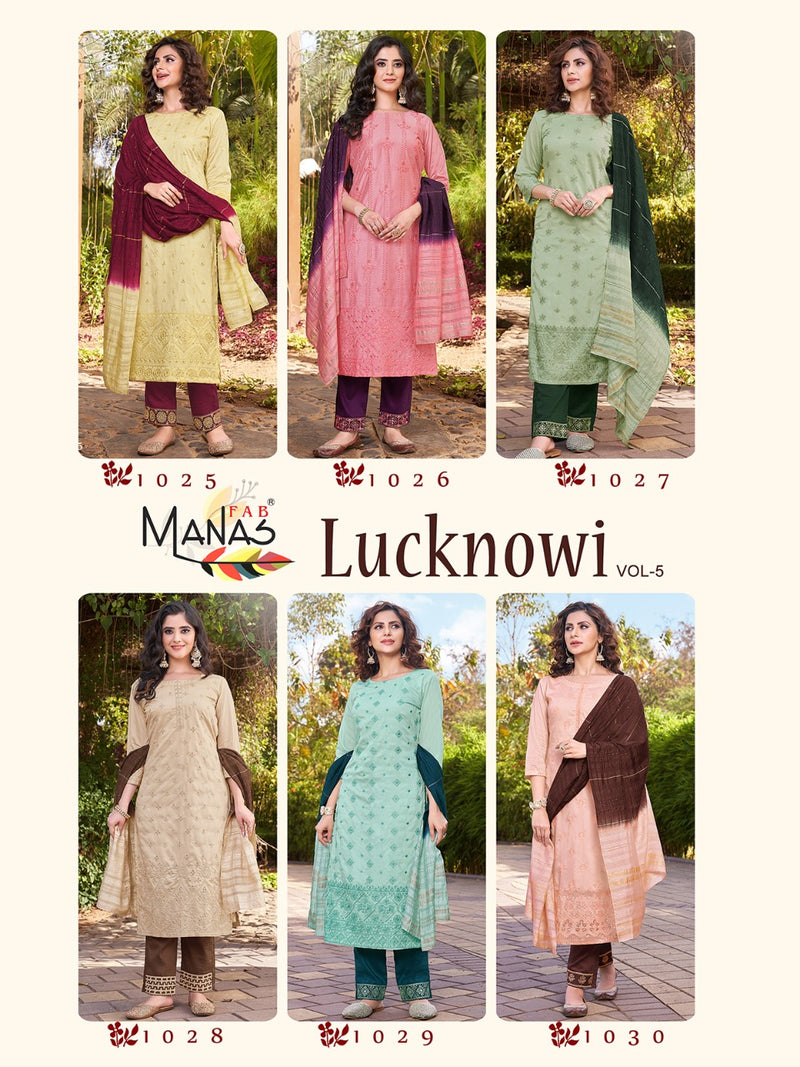 Manas Fab Lucknowi Vol 5 Fancy Designer Party Wear Kurtis With Bottom & Dupatta