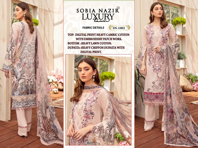 Sobia Nazir Luxury Lawn SN 1002 Cambric Cotton Embroidered Pakistani Style Embroidered Party Wear Salwar Suits