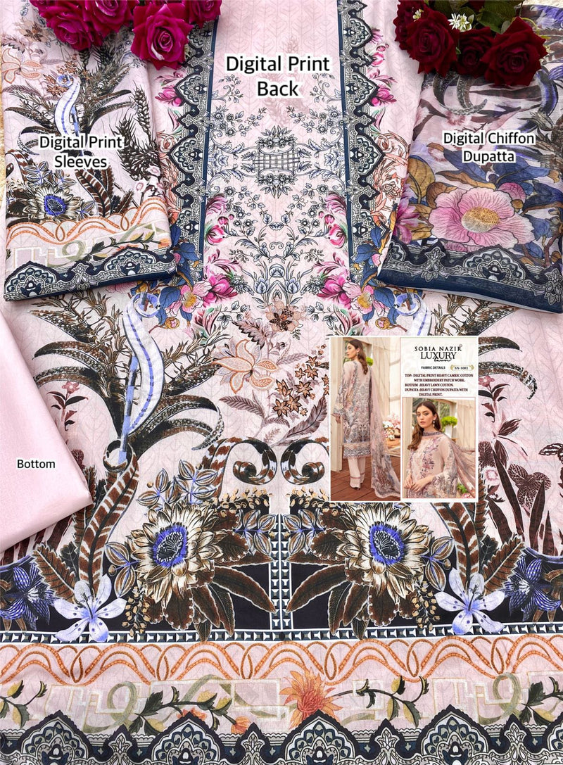Sobia Nazir Luxury Lawn SN 1002 Cambric Cotton Embroidered Pakistani Style Embroidered Party Wear Salwar Suits