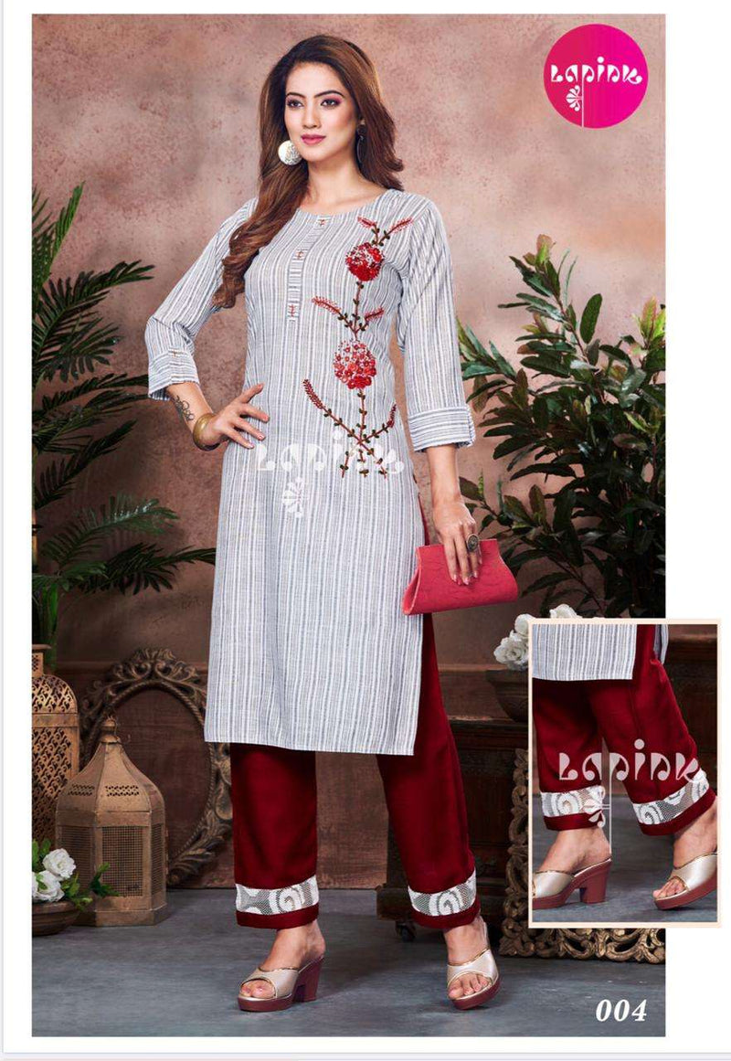 La Pink Presents By Zeel Vol 1 Cotton Rayon With Exclusive Heavy Embroidery Work Fancy Readymade Kurti With Pant
