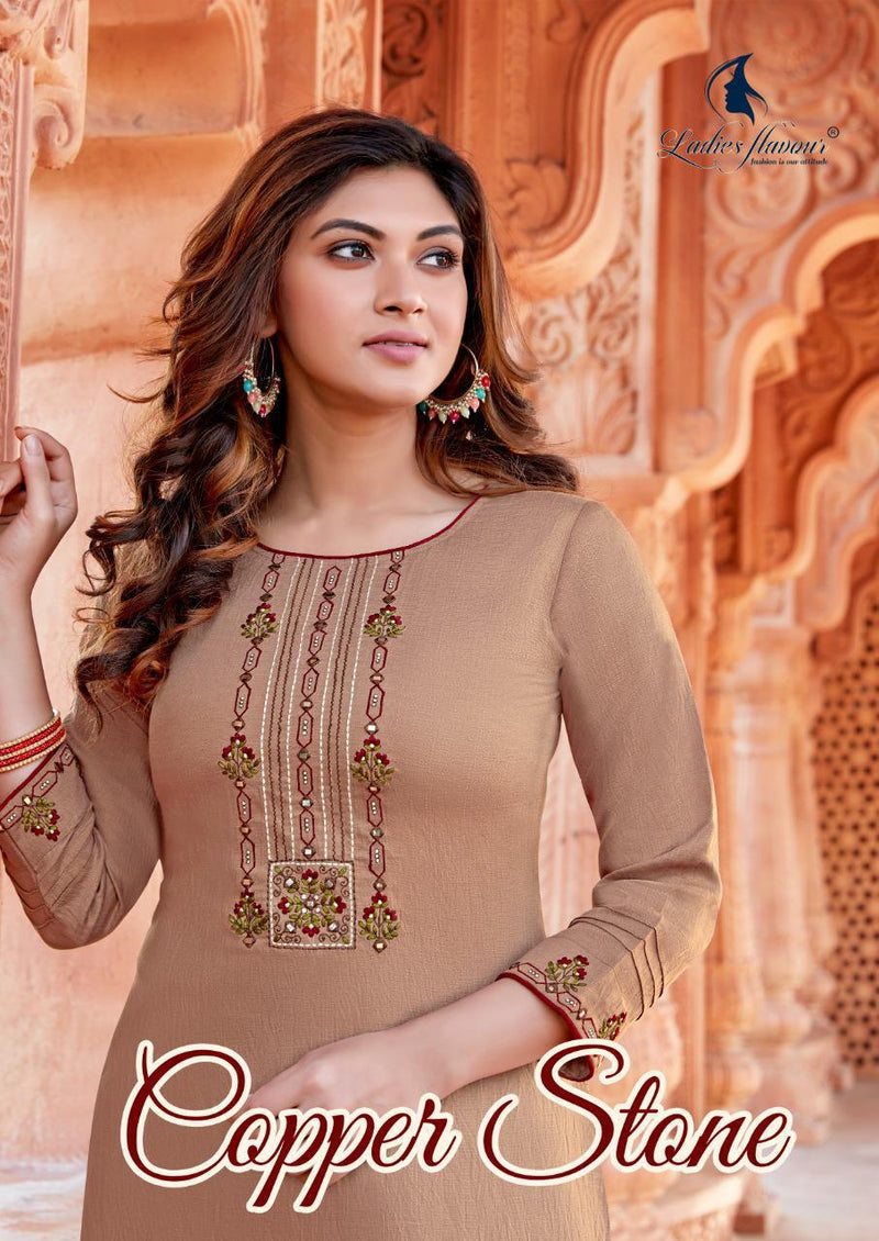 Ladies Flavour Launch Copper Stone Nylone Viscose With Embroidery Work Exclusive Casual Wear Kurtis