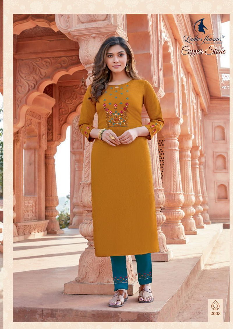 Ladies Flavour Launch Copper Stone Nylone Viscose With Embroidery Work Exclusive Casual Wear Kurtis