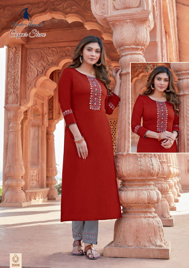 Ladies Flavour Launch Copper Stone Nylone Viscose With Embroidery Work Exclusive Casual Wear Kurtis