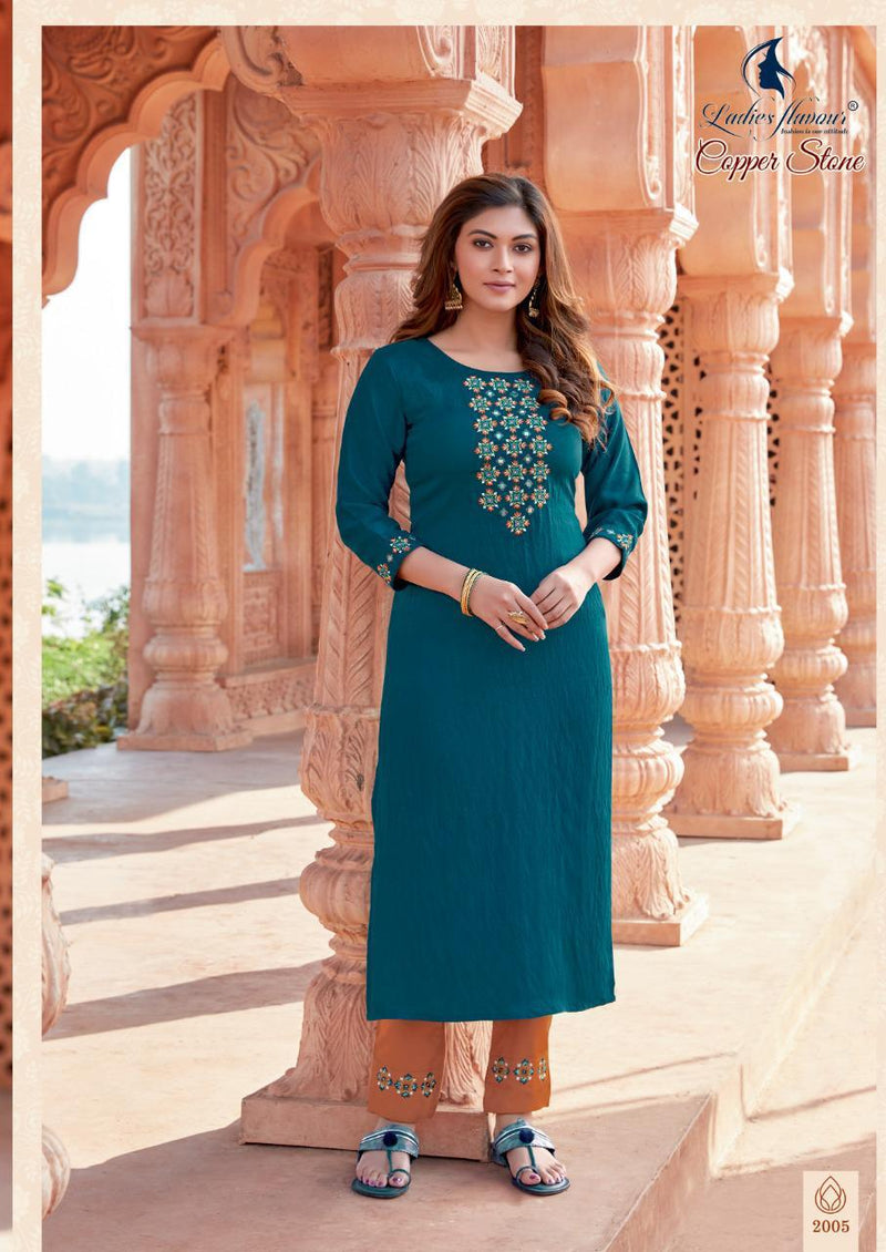 Ladies Flavour Launch Copper Stone Nylone Viscose With Embroidery Work Exclusive Casual Wear Kurtis