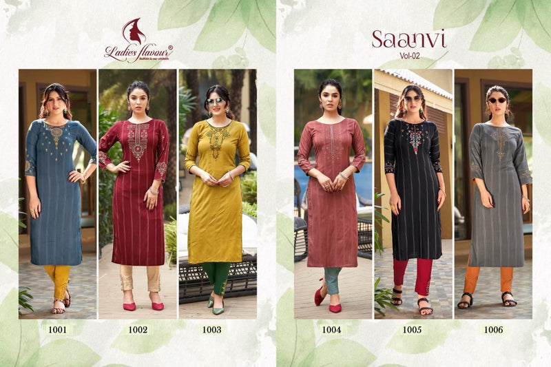 Ladies Flavour Saanvi Vol 2 Heavy Rayon Weaving Embroidery Work Kurtis