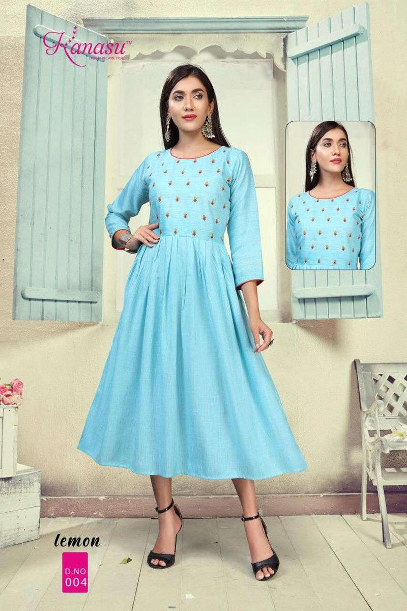 Lemon By Kanasu Rayon With Embroidery Work Exclusive Gown Type Fancy Ready Made Kurtis