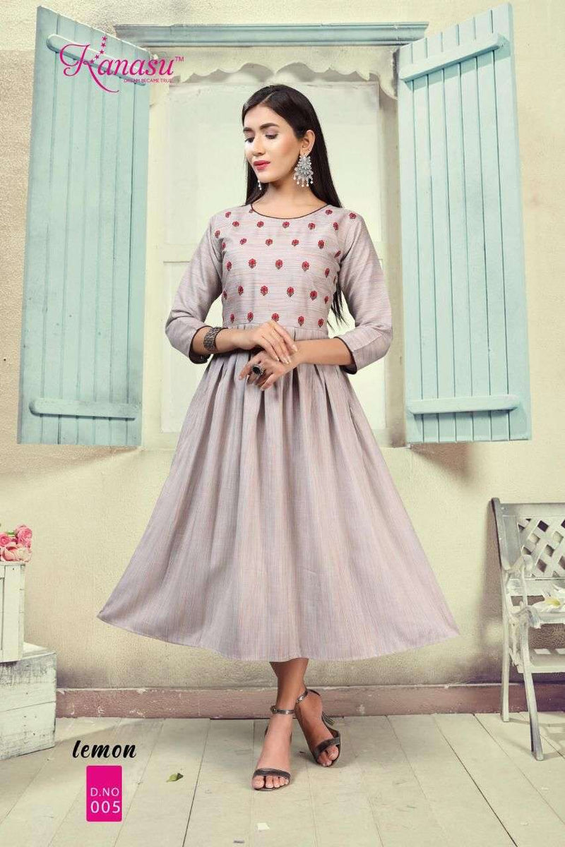 Lemon By Kanasu Rayon With Embroidery Work Exclusive Gown Type Fancy Ready Made Kurtis