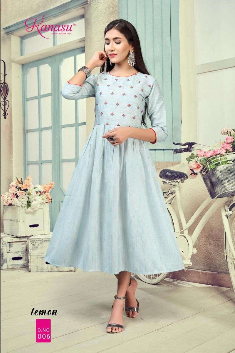 Lemon By Kanasu Rayon With Embroidery Work Exclusive Gown Type Fancy Ready Made Kurtis