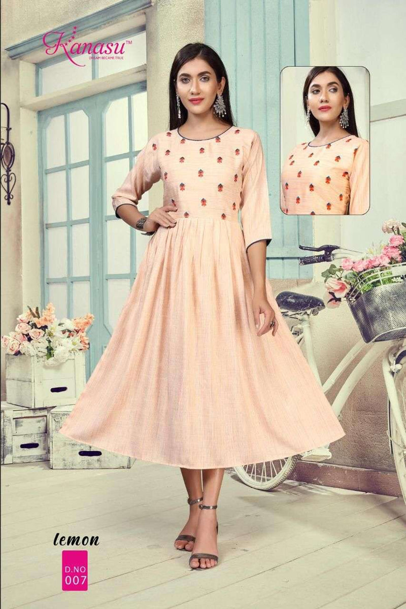 Lemon By Kanasu Rayon With Embroidery Work Exclusive Gown Type Fancy Ready Made Kurtis