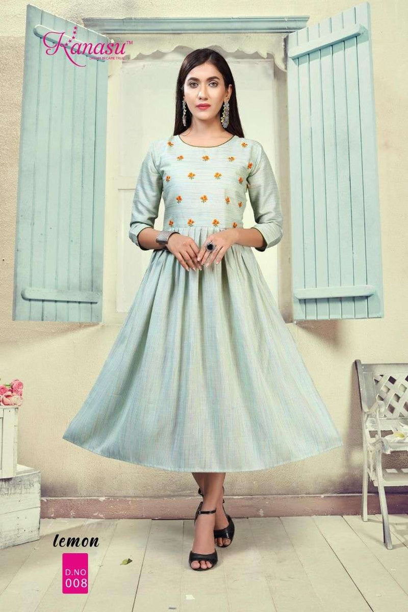 Lemon By Kanasu Rayon With Embroidery Work Exclusive Gown Type Fancy Ready Made Kurtis