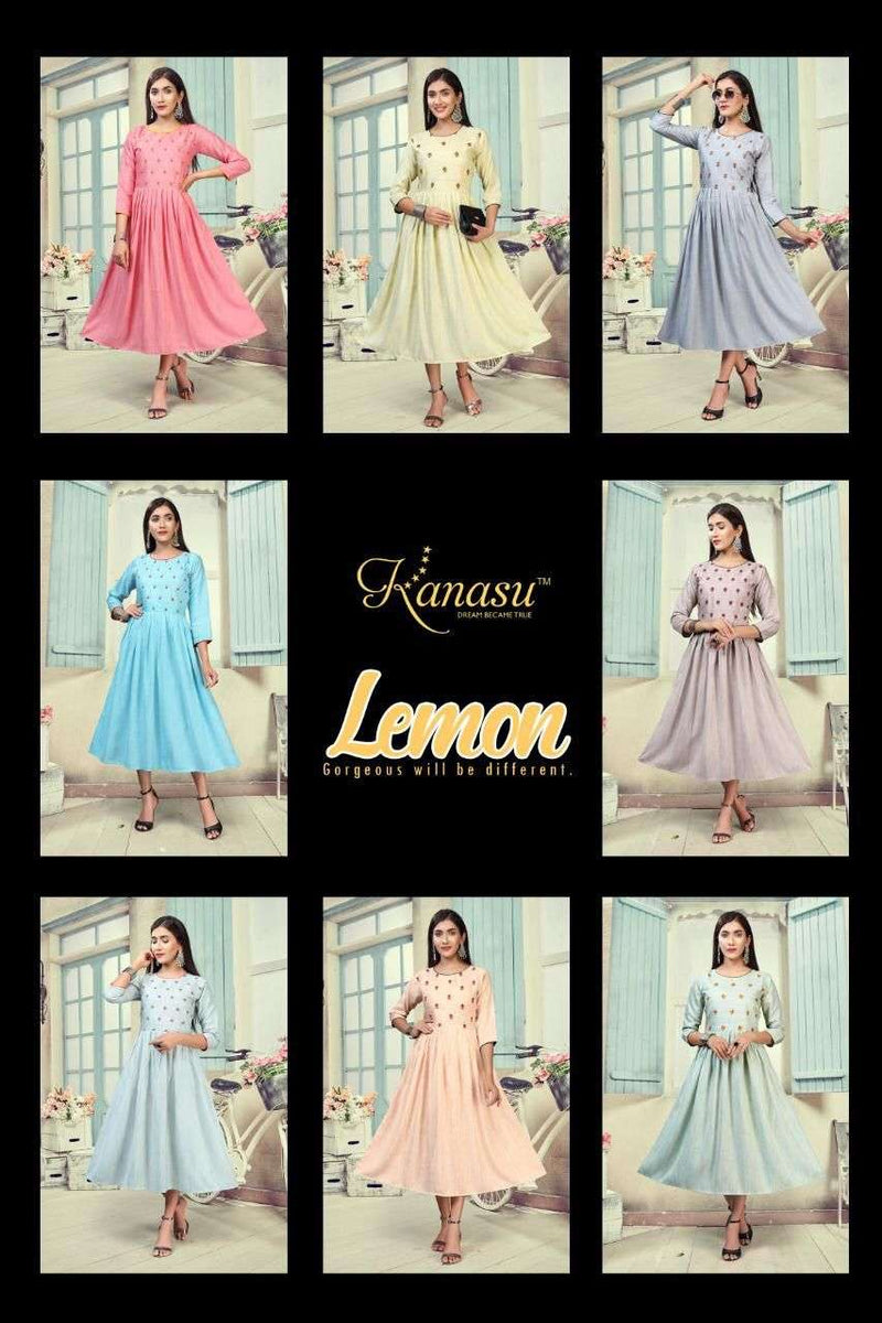 Lemon By Kanasu Rayon With Embroidery Work Exclusive Gown Type Fancy Ready Made Kurtis