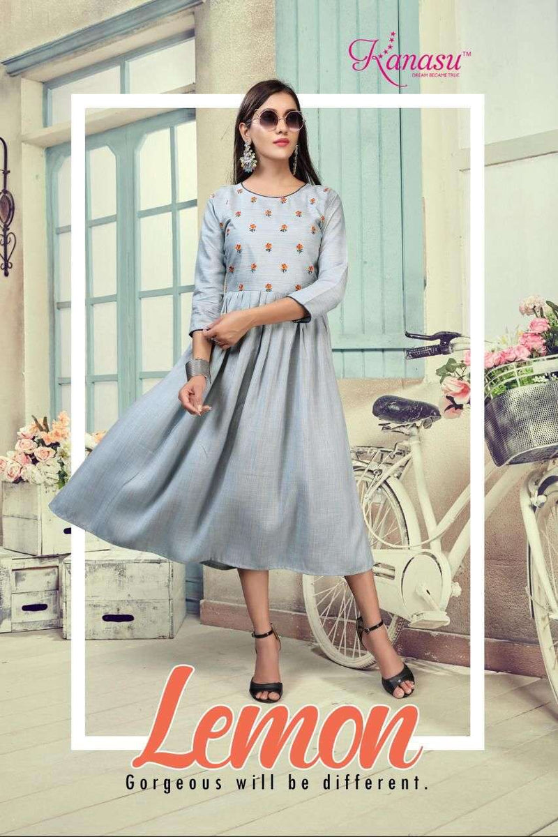 Lemon By Kanasu Rayon With Embroidery Work Exclusive Gown Type Fancy Ready Made Kurtis