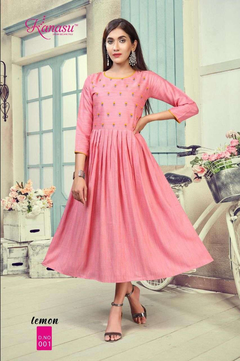 Lemon By Kanasu Rayon With Embroidery Work Exclusive Gown Type Fancy Ready Made Kurtis