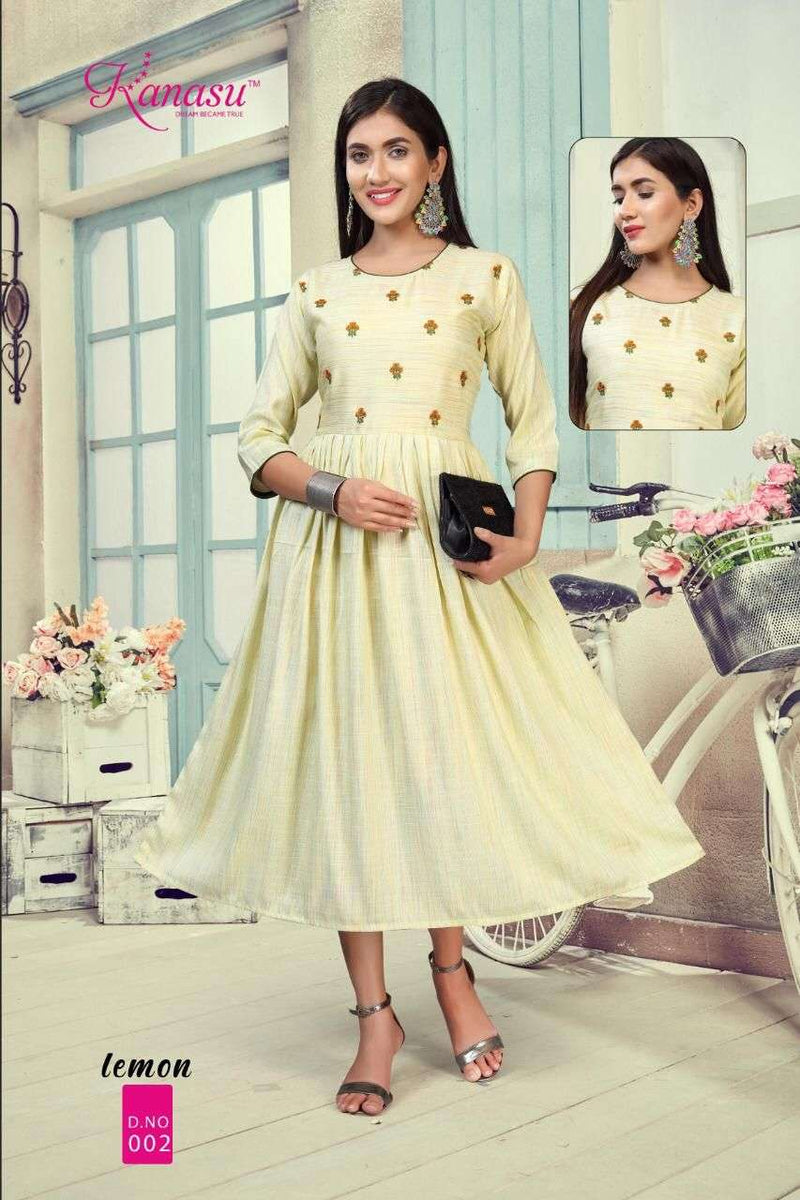 Lemon By Kanasu Rayon With Embroidery Work Exclusive Gown Type Fancy Ready Made Kurtis