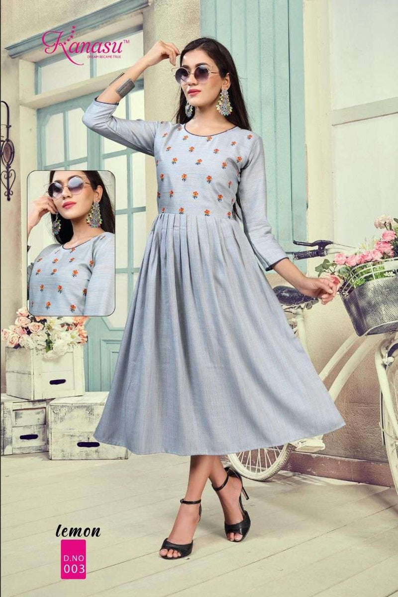 Lemon By Kanasu Rayon With Embroidery Work Exclusive Gown Type Fancy Ready Made Kurtis