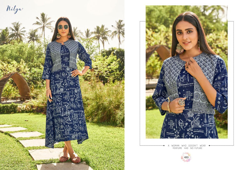 Lt Nitya Presents By Gardenia Rayon Print With Gorgeous Look Fancy Printed Long Frill Type Kurti With Jacket