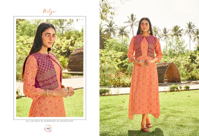 Lt Nitya Presents By Gardenia Rayon Print With Gorgeous Look Fancy Printed Long Frill Type Kurti With Jacket
