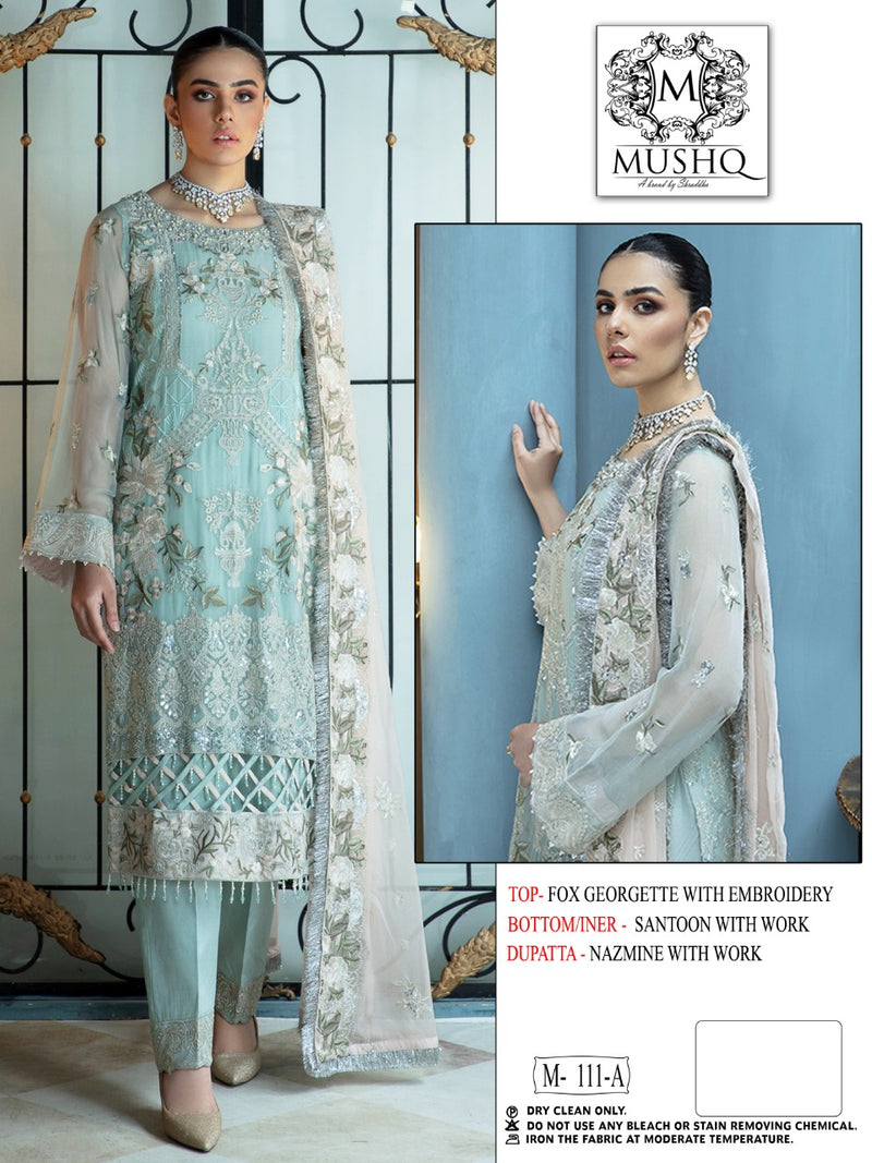 Mushq M 111 Fox Georgette Pakistani Style Embroidered Party Wear Salwar Suits