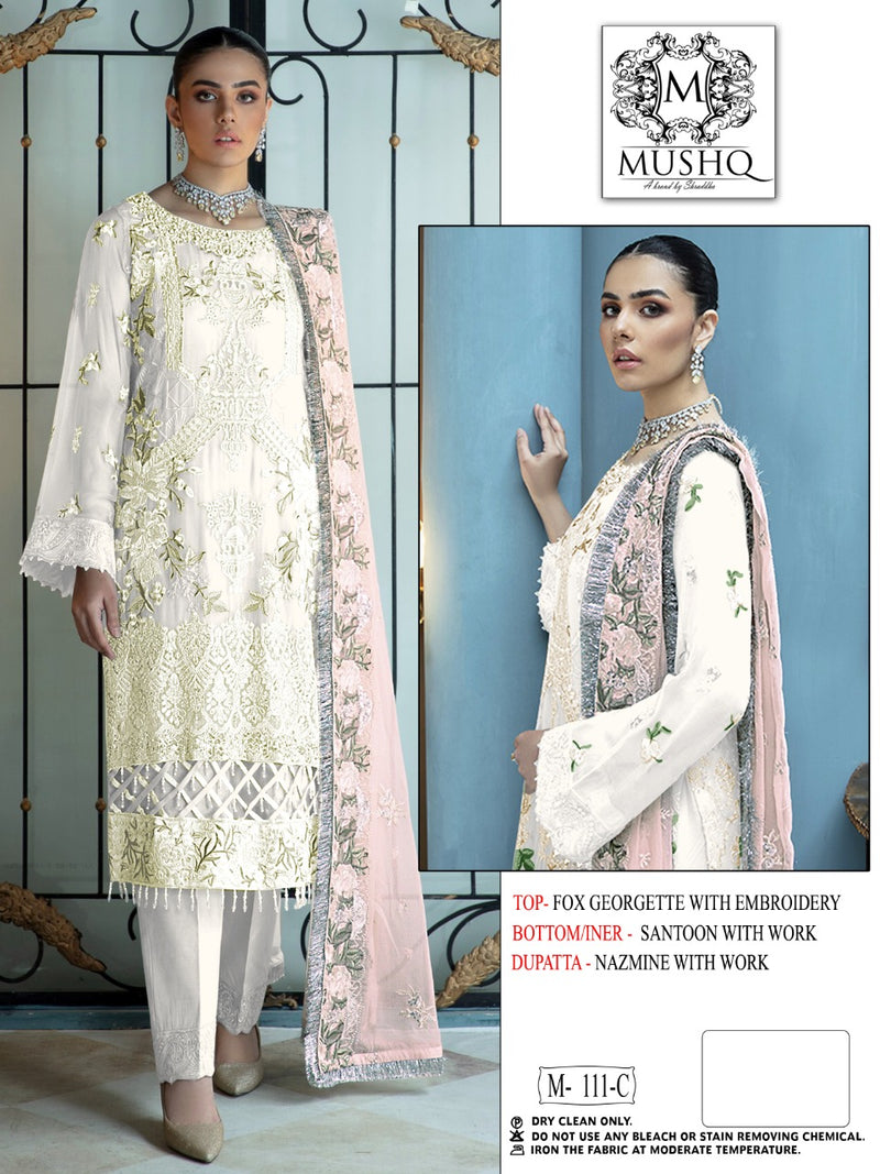 Mushq M 111 Fox Georgette Pakistani Style Embroidered Party Wear Salwar Suits