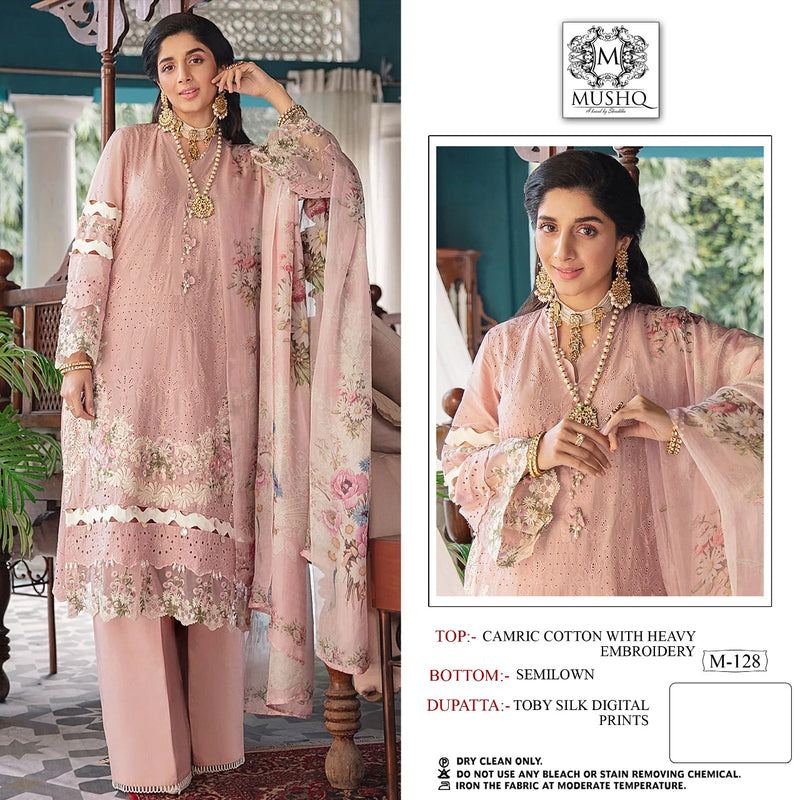 Mushq M 128 Pure Lawn Cotton Pakistani Style Embroidered Party Wear Salwar Suits