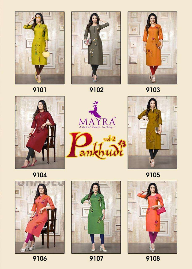 Mayra Pankhudi Vol 2 Rayon Silk Exclusive Designer With Embroidery Work Fancy Readymade Kurtis