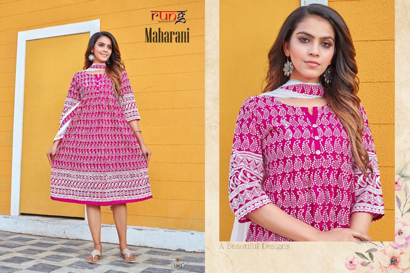 Rung Maharani Chicken Rayon Fancy Party Wear Kurtis With Dupatta