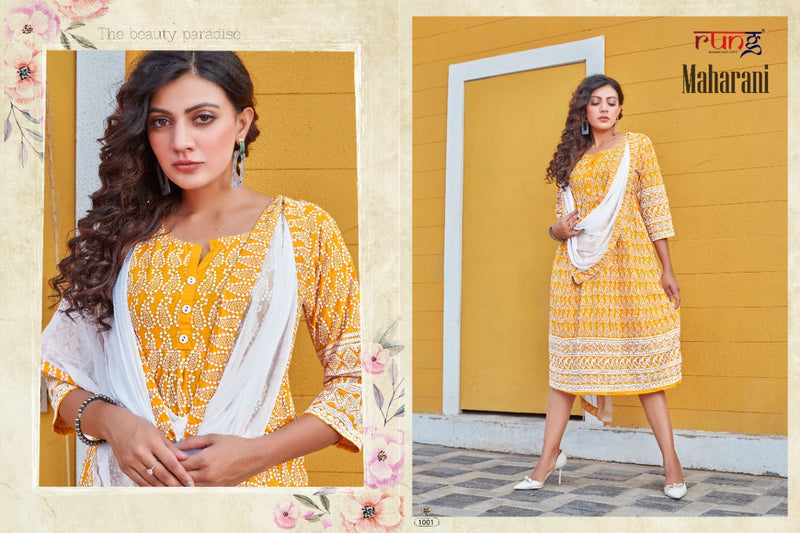 Rung Maharani Chicken Rayon Fancy Party Wear Kurtis With Dupatta