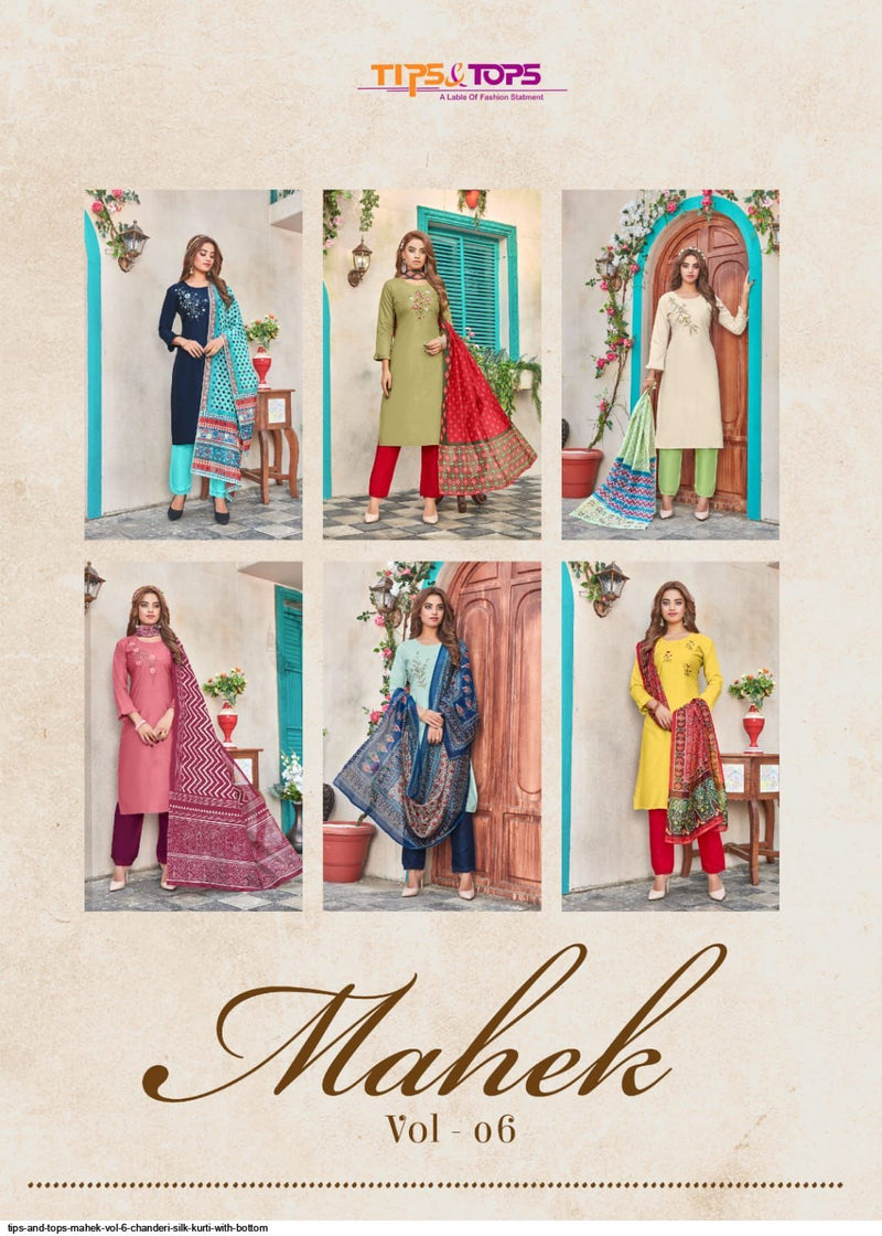 Tips & Tops Mahek Vol 6 Chanderi Silk Fancy Stylish Party Wear Kurtis With Bottom & Dupatta