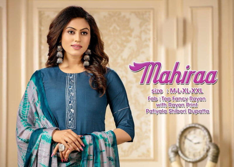 MF Mahiraa Vol 1 Rayon Printed Fancy Festive Wear Kurtis With Patiyala Style  Bottom & Dupatta