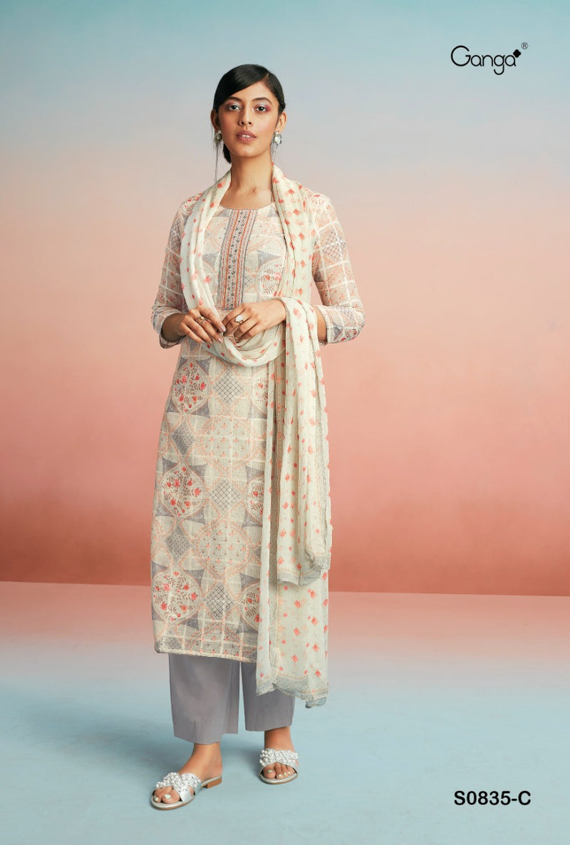 Ganga Mahonia Linen Cotton Printed With Hand Work Festive Wear Salwar Suits
