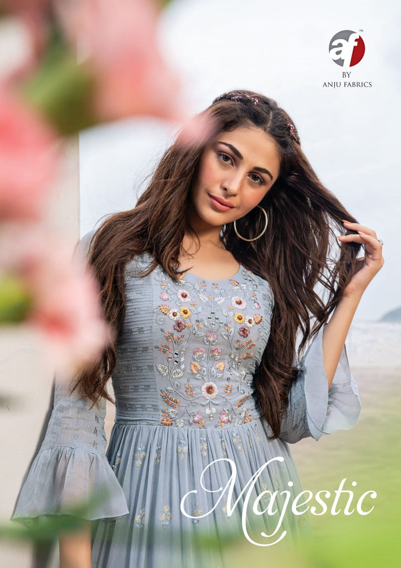 Anju Fabrics Majestic Georgette With Heavy Embroidery Stylish Designer Party wear Long Kurti