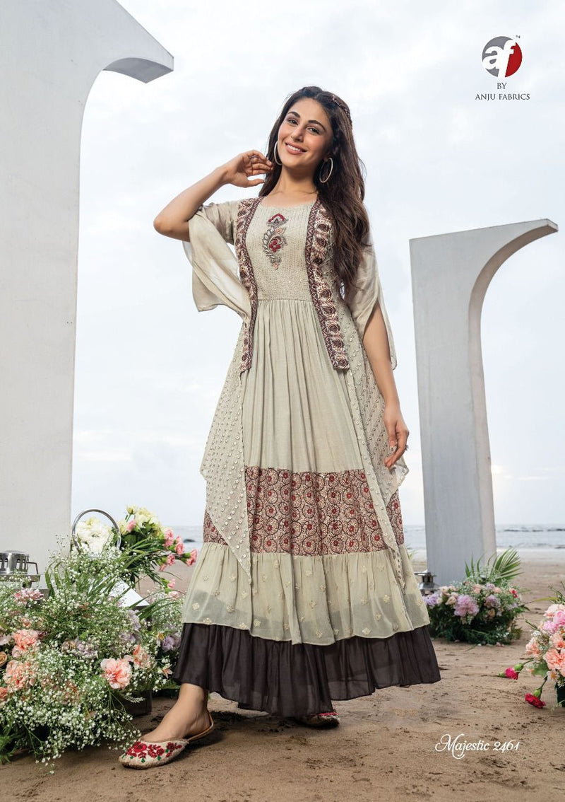 Anju Fabrics Majestic Georgette With Heavy Embroidery Stylish Designer Party wear Long Kurti