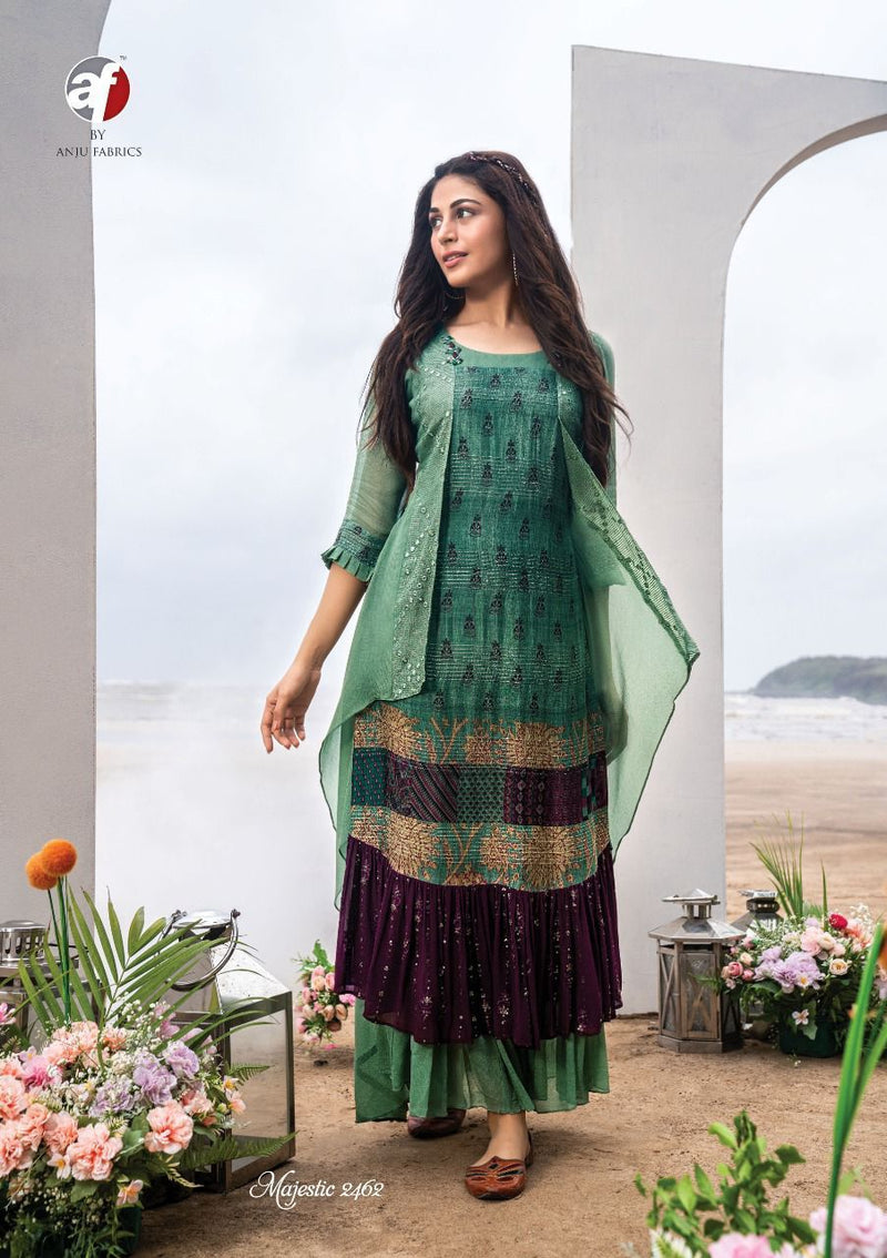 Anju Fabrics Majestic Georgette With Heavy Embroidery Stylish Designer Party wear Long Kurti