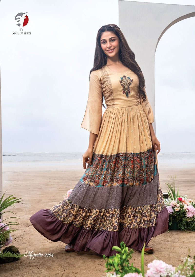 Anju Fabrics Majestic Georgette With Heavy Embroidery Stylish Designer Party wear Long Kurti